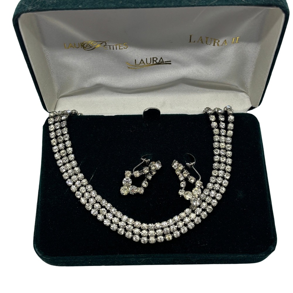 Vintage Rhinestone‎ Triple Strand Choker & Screw Back Earrings Set MCM